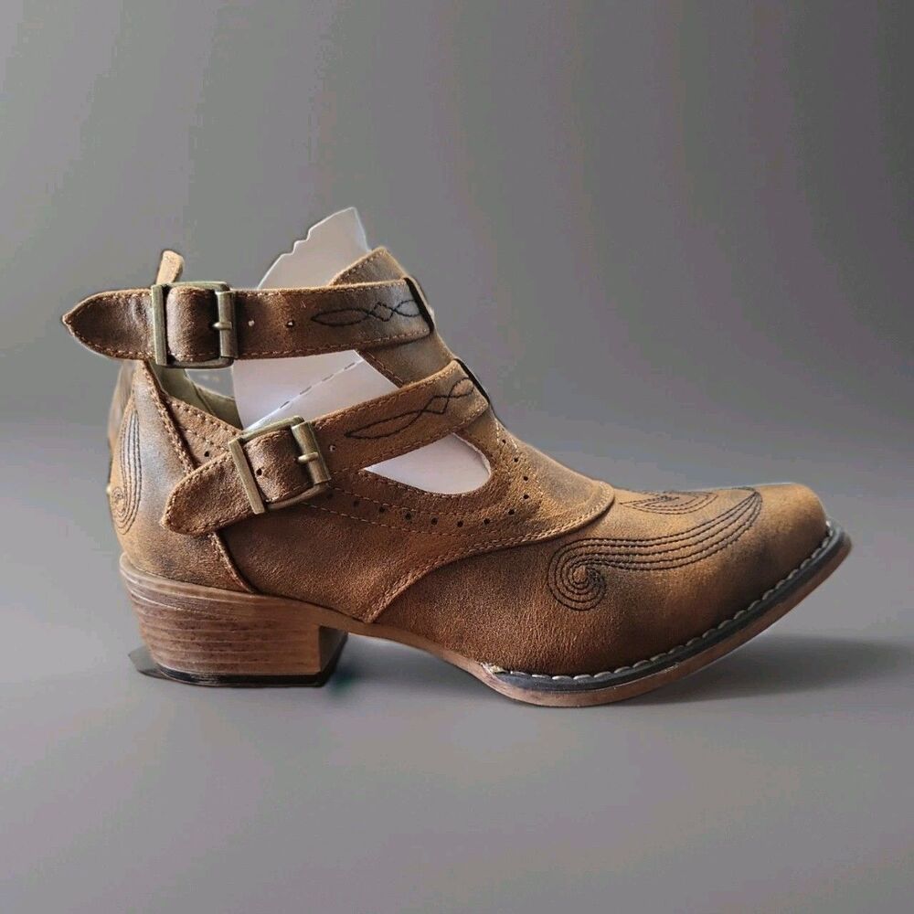 Roper Willa Womens Western Cowboy Ankle Boots Cutout Vintage Harness Brown Sz 9